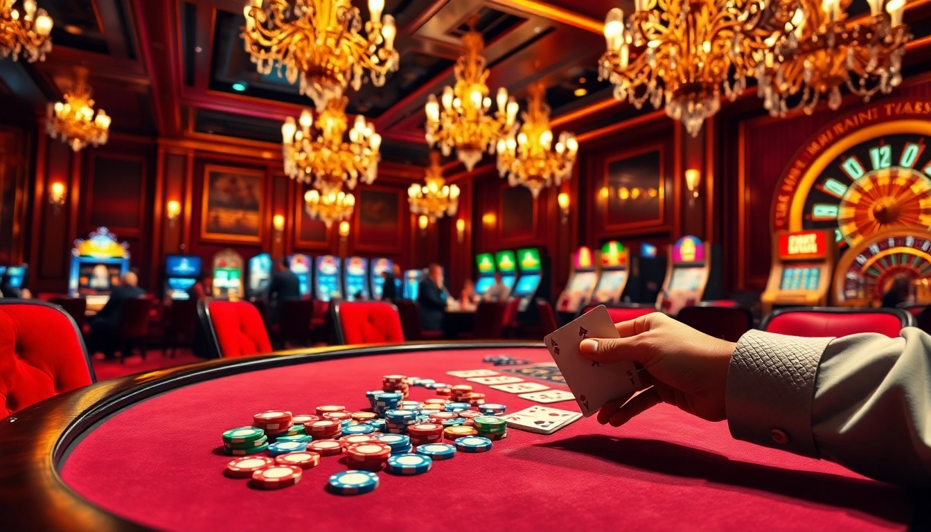 Engaging poker game scene highlighting excitement at 56win casino with vibrant chips and cards.