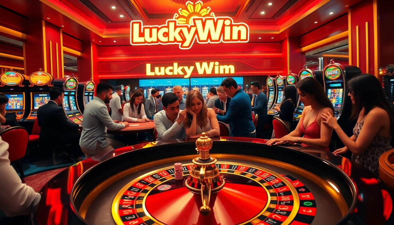Players enjoying high-stakes gaming at LuckyWin casino, showcasing vibrant roulette and slot machines.