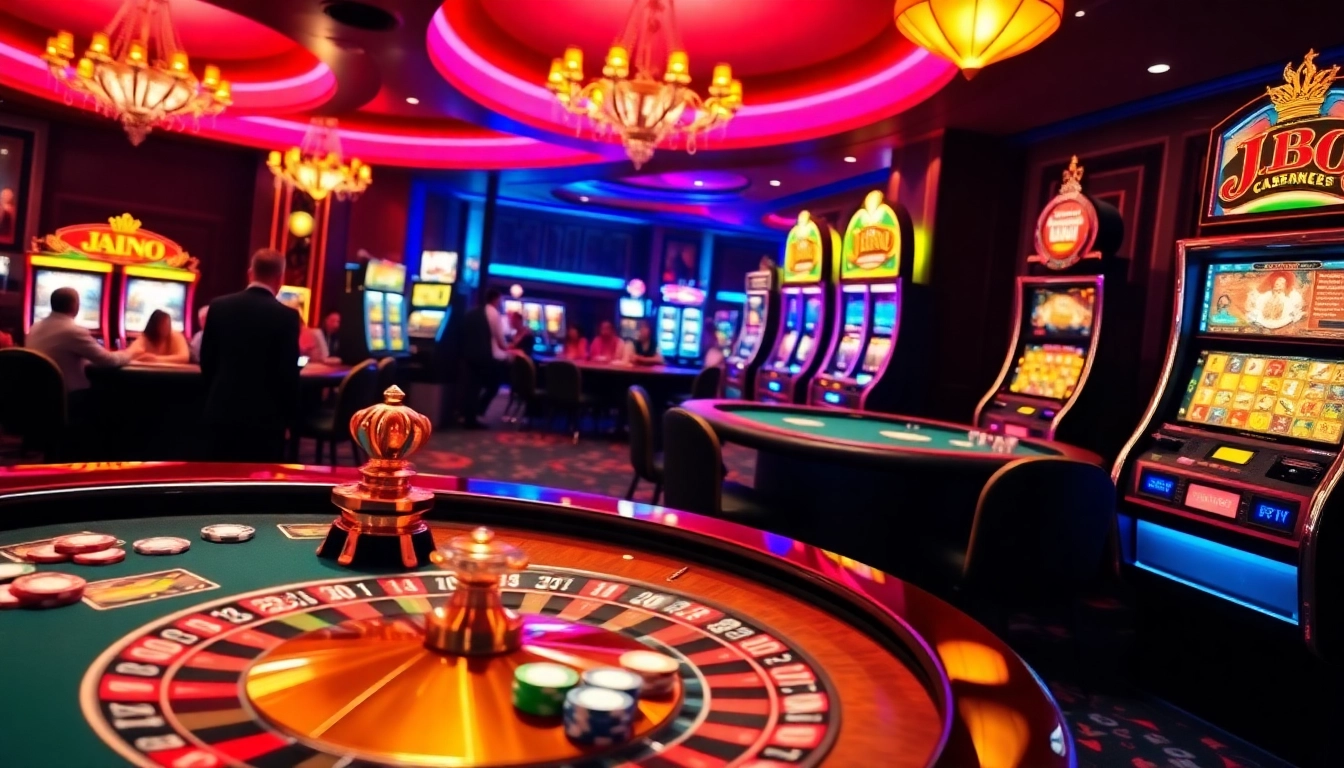 Exciting JBO casino scene with vibrant tables, roulette wheel, and players engaged in thrilling games.
