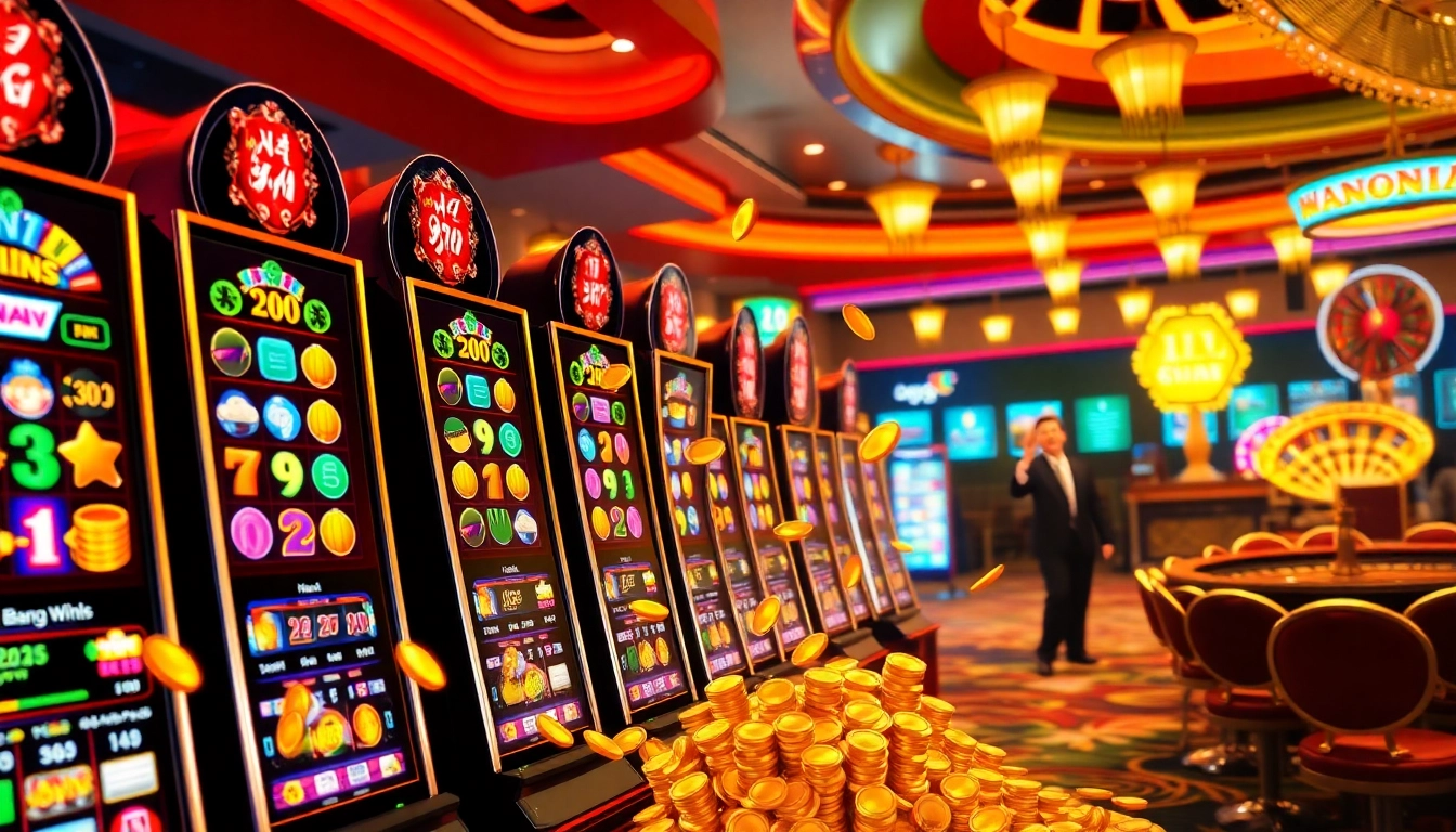 Celebrate a jackpot win at a thrilling nổ hũ slot machine casino scene with vibrant colors and excitement.