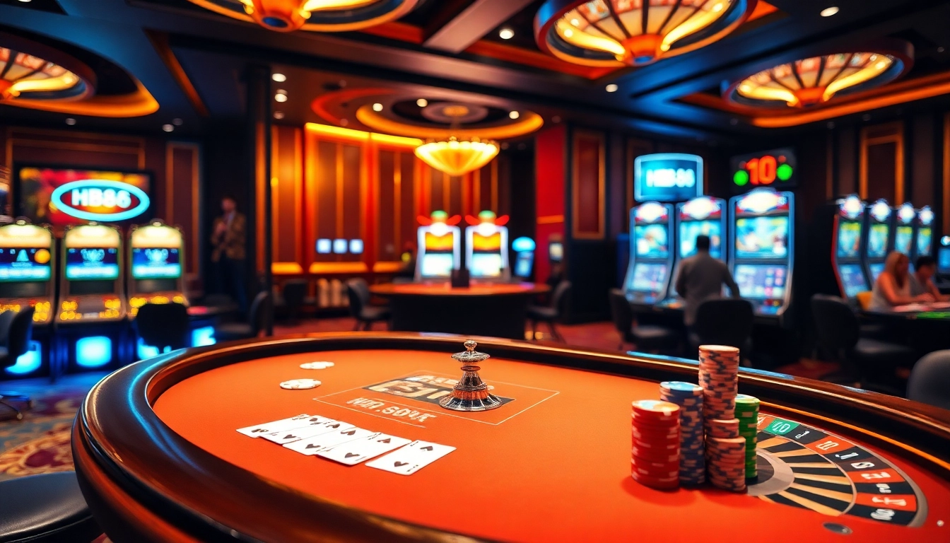 Experience thrilling gameplay at HB88's luxurious casino poker table adorned with vibrant chips and cards.