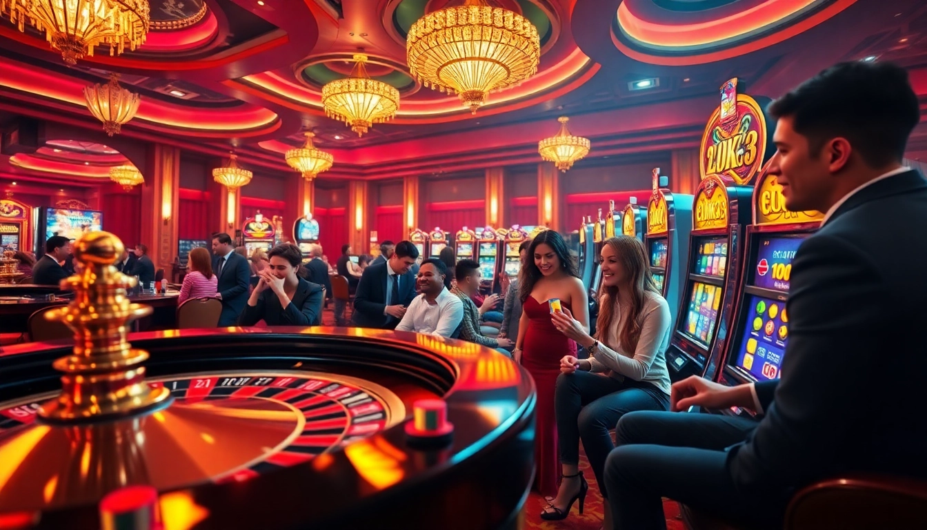 Engage with the excitement of nhà cái LUCK8 through a luxurious casino scene featuring roulette and poker.