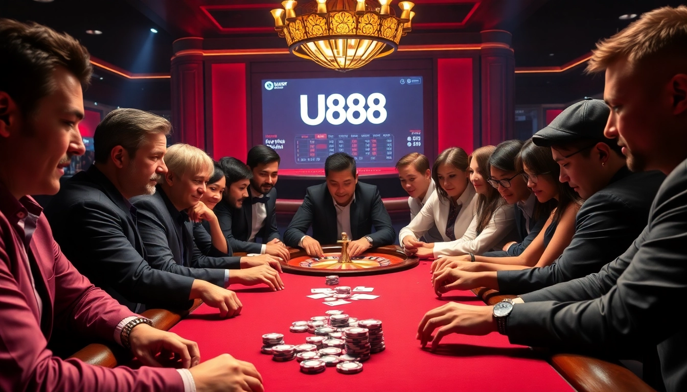 U888 players competing fiercely at a high-stakes poker table amidst luxurious casino decor.