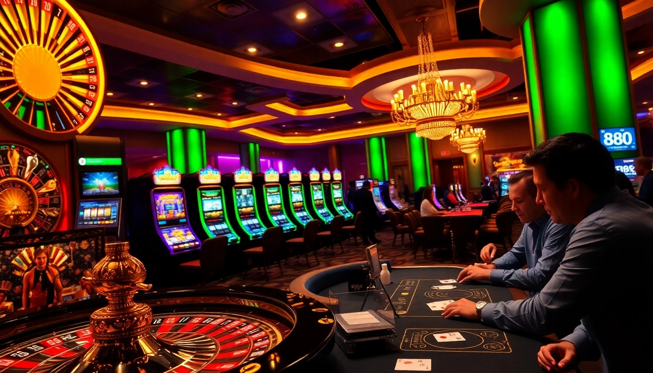 Excited players engaging in a thrilling casino experience at 888TO with vibrant slot machines and poker games.