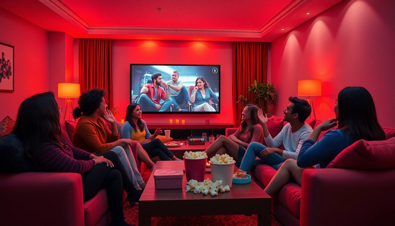 NangCuc film party scene with friends enjoying a movie night, vibrant ambiance and cozy decor.
