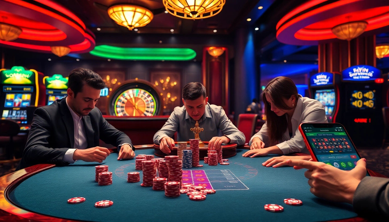 Exciting poker game action with players at 555win casino, chips, and cards in focus.