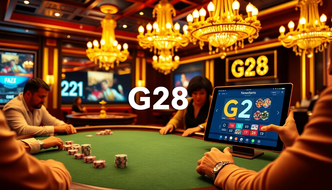 G28 poker players strategize at an elegant casino table filled with chips.
