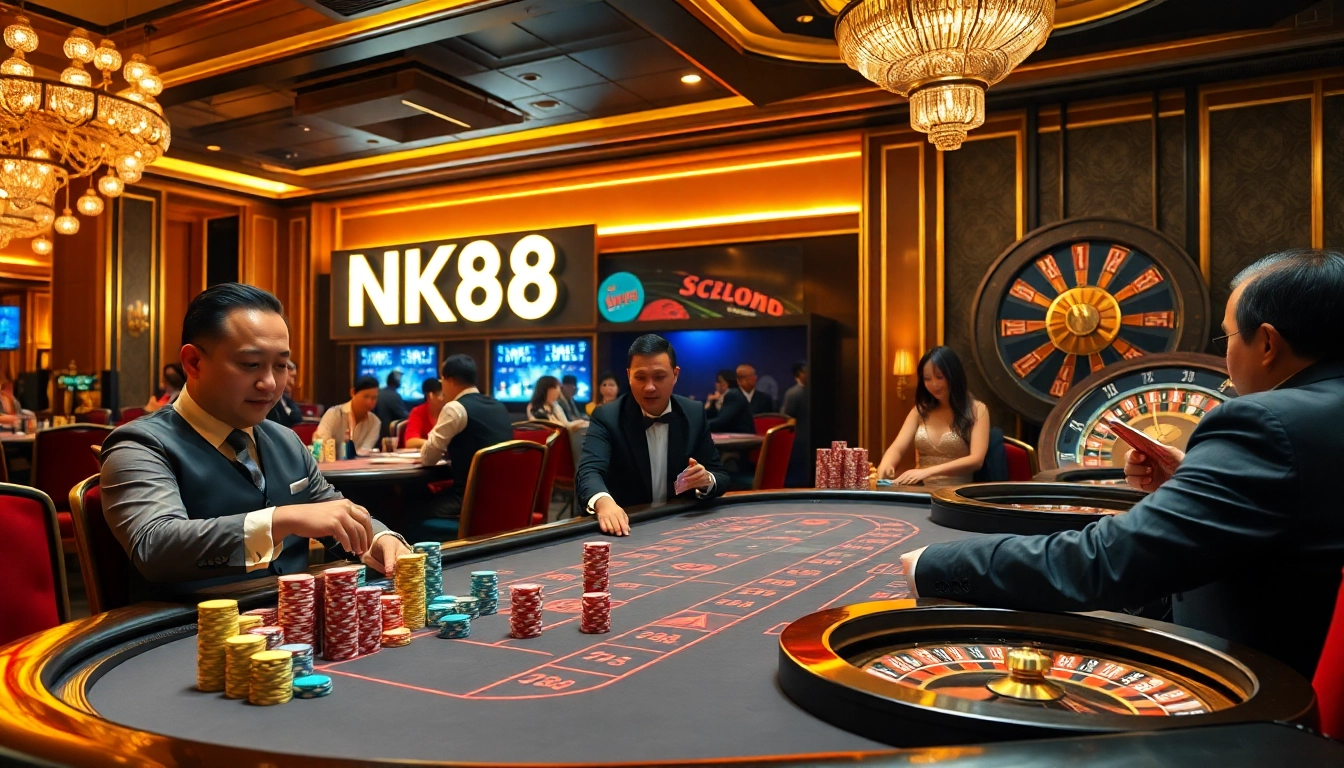 Engage with NK88 at a vibrant casino with poker tables and colorful chips.