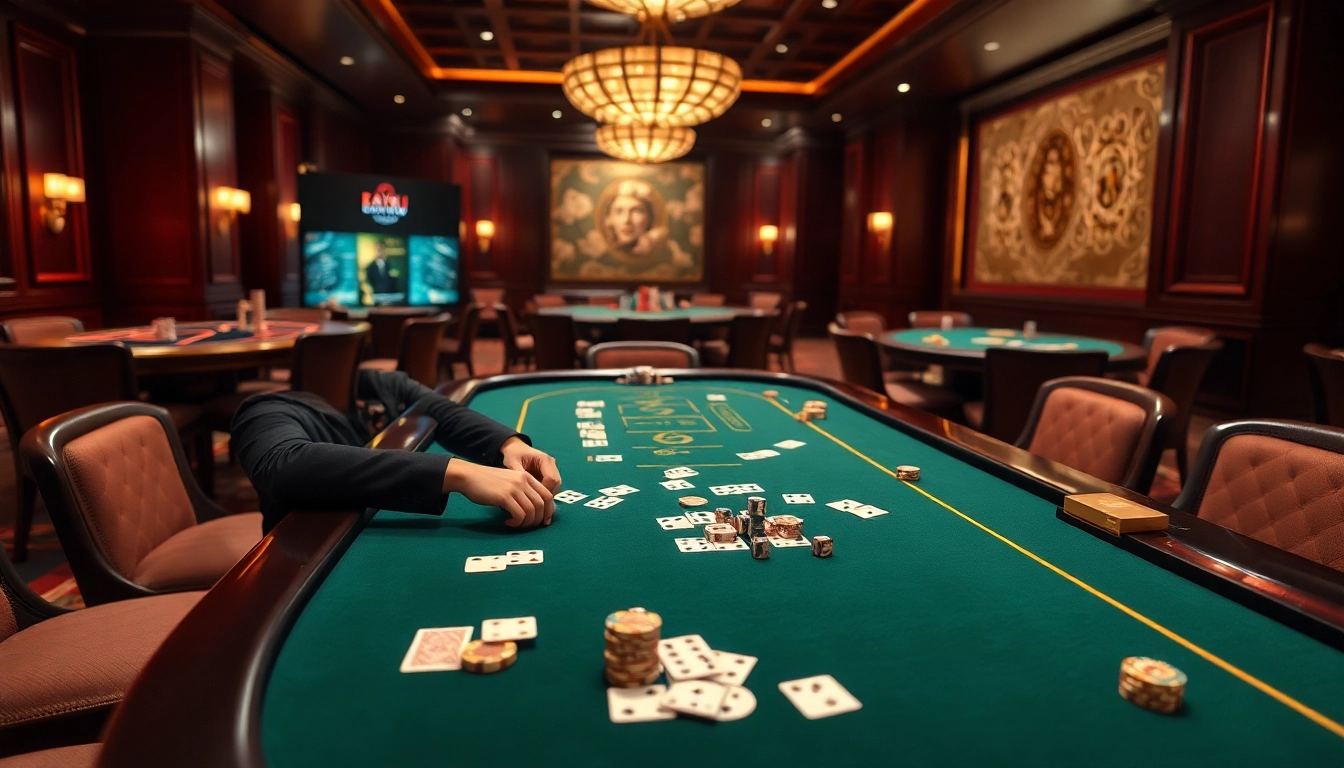 Tài xỉu MD5 gameplay at a luxurious casino table, featuring dice and betting chips.