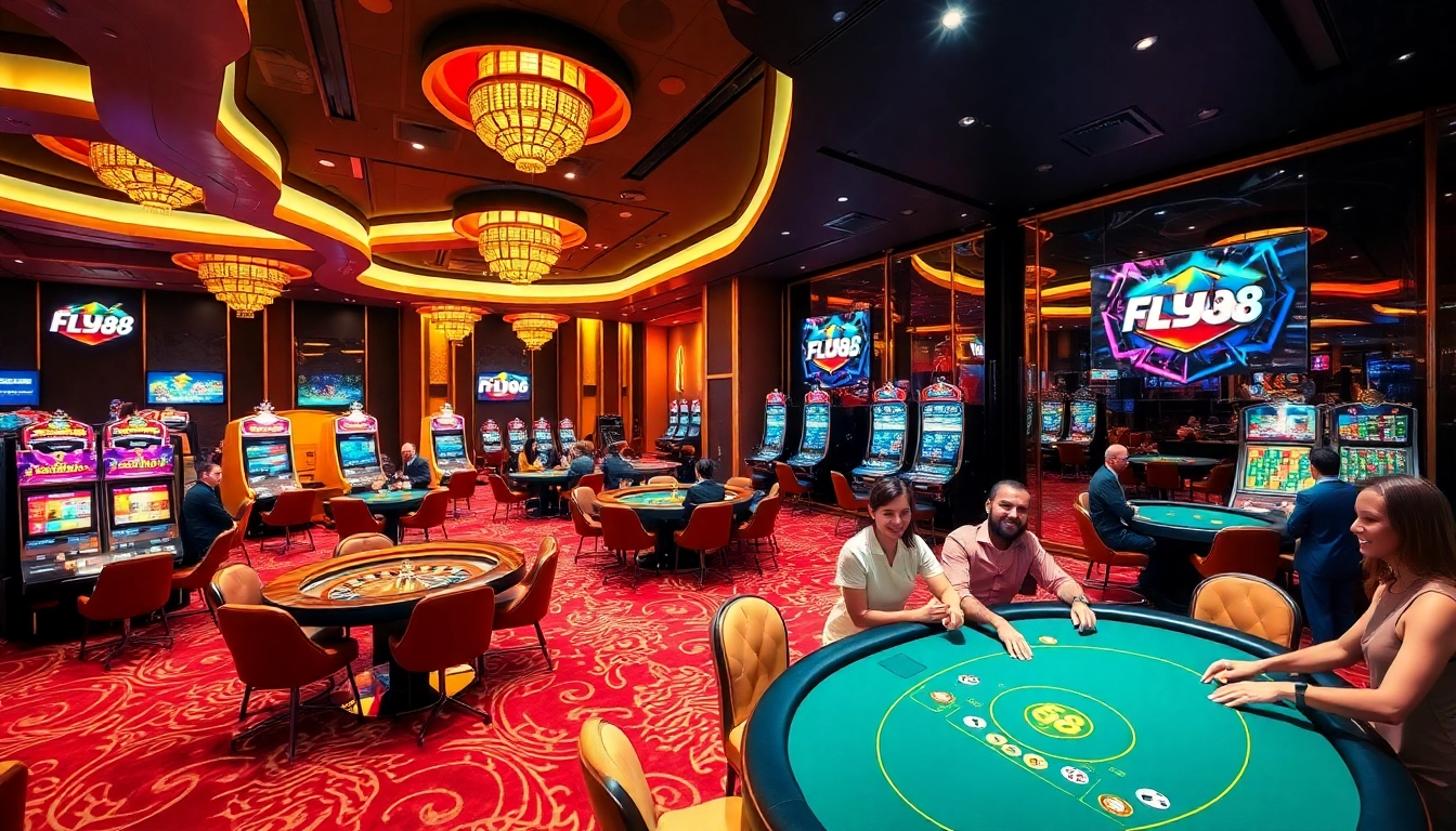 Experience the excitement of FLY88 gambling with players celebrating wins at a vibrant casino.