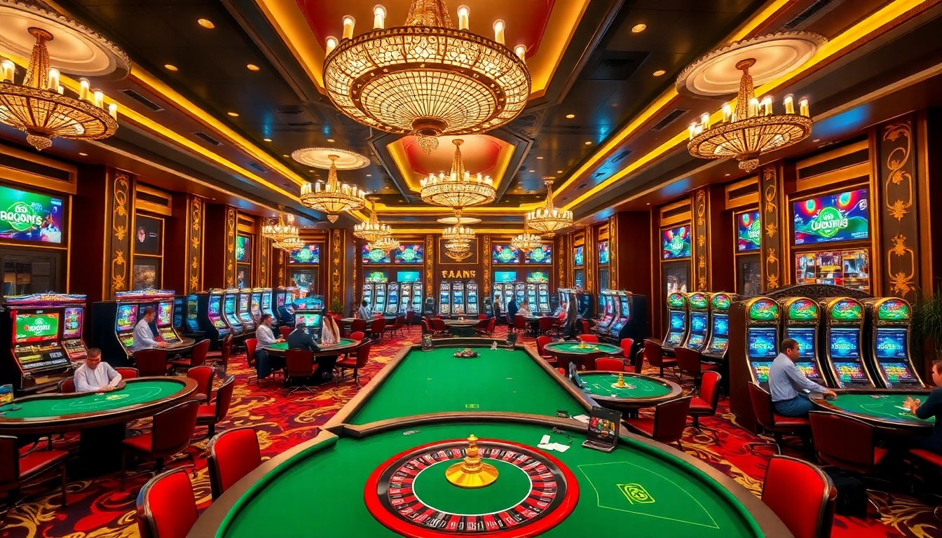 Players engaging in high-stakes gaming at Go8 casino tables under vibrant chandeliers.