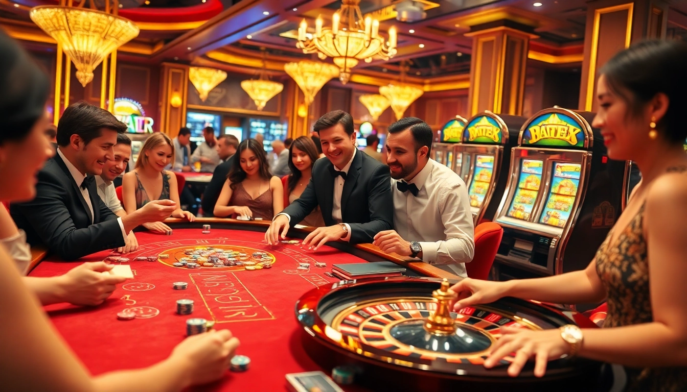 X88 casino scene with players engaging in poker and roulette, showcasing vibrant gaming atmosphere.