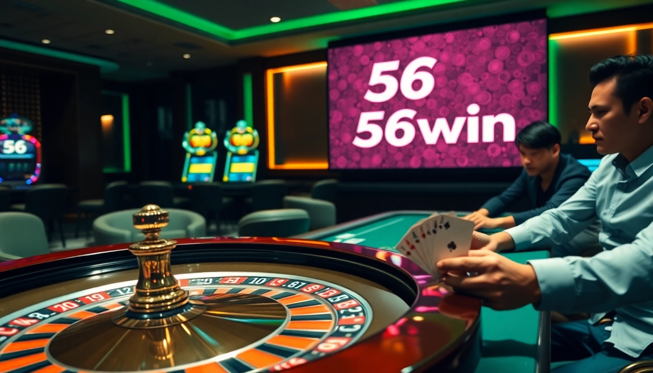 Exciting poker game at a luxurious casino featuring 56win branding and colorful chips.