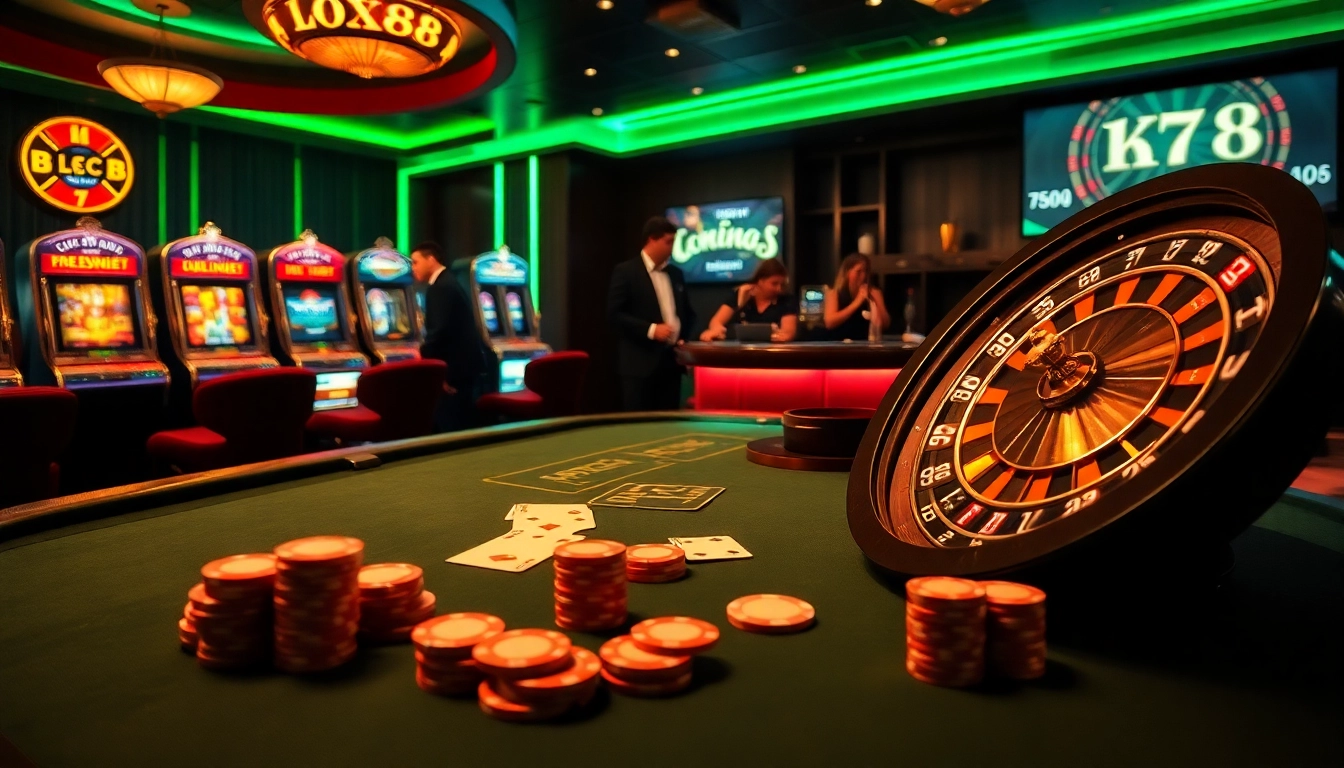 Exciting casino ambiance with poker chips, roulette wheel, and the keyword LC88 featured.