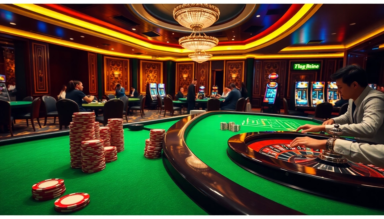 Experience high-stakes excitement at Fly88 with luxurious casino tables and vibrant games.