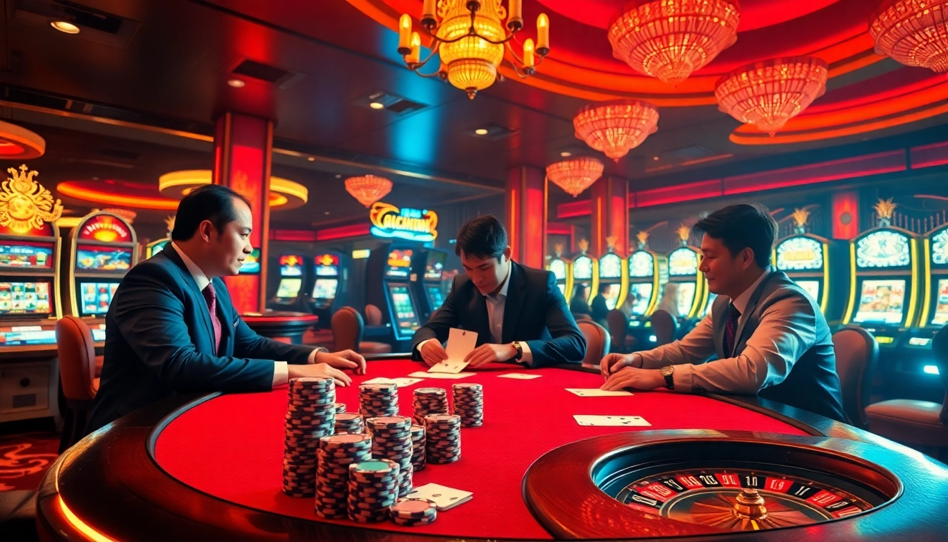 Engaging players at trang chủ 33win casino table with dice, cards, and vibrant slot machines.