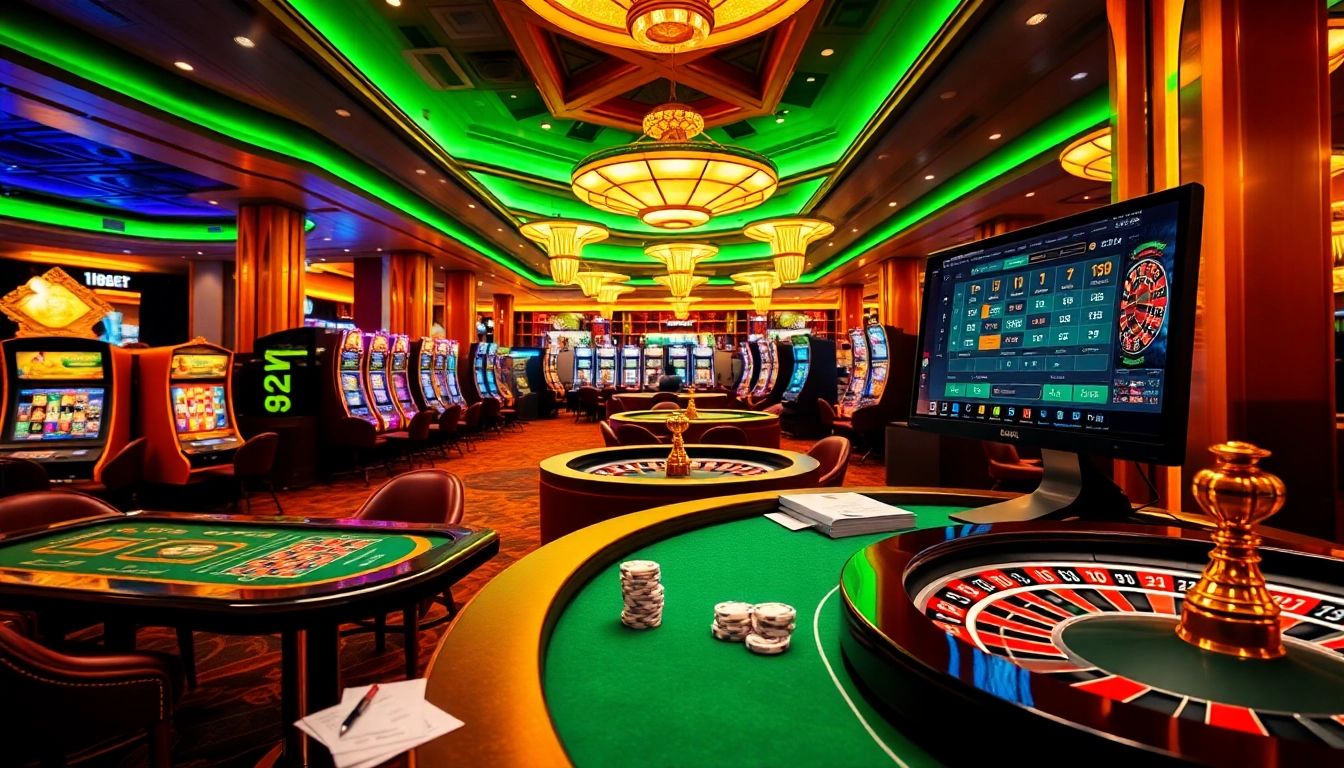 Engaging in a thrilling game at 188BET casino with colorful slots and elegant poker tables.