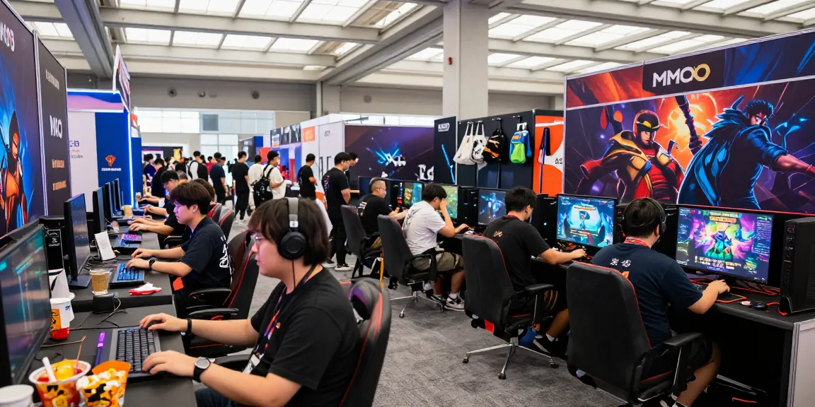 Gamers engaging in multiplayer MMOO games at a lively convention.