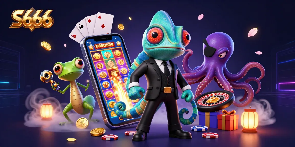 S666 engages players with a vibrant scene of cartoon characters amidst gambling elements, showcasing excitement.