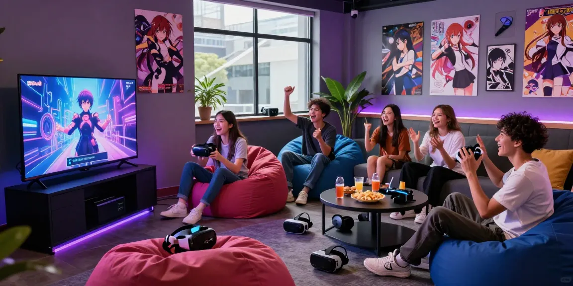 Group enjoying an ecchi simulator game in a stylish lounge setup.