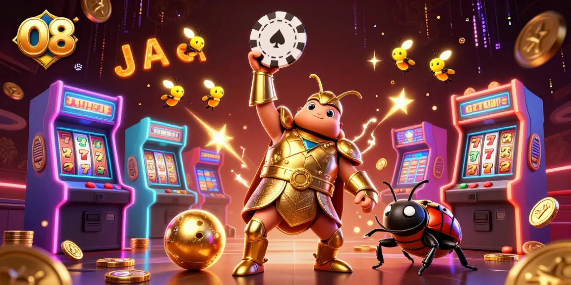 O8's thrilling jackpot scene featuring a heroic beetle celebrating a big win amidst vibrant casino gameplay elements.