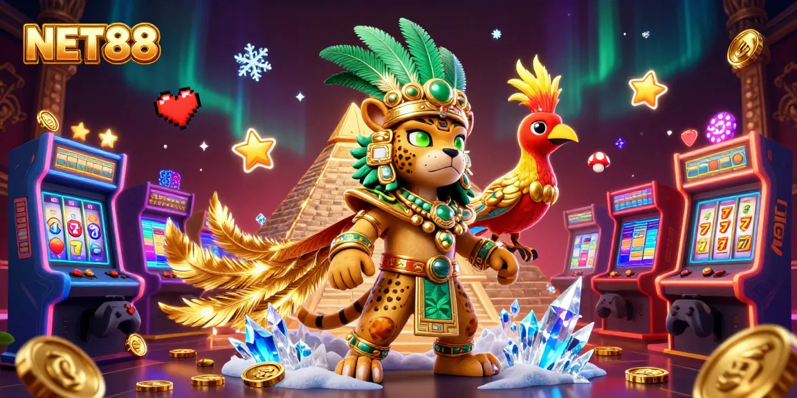 Spin the reels with NET88, featuring a powerful Mayan priest and vibrant game elements.