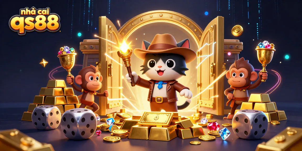 Engage with nhà cái qs88's vibrant casino adventure featuring treasures, a cat explorer, and dynamic treasure elements.