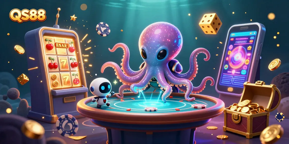 Engage in thrilling poker action at QS88 with an alien octopus managing a holographic table amid vibrant casino elements.